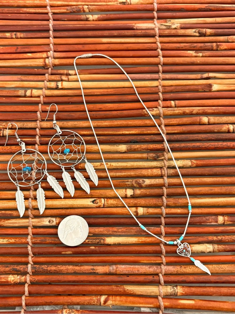 Silver Tone Dreamcatcher Necklace 16” & Earring Set with Faux Turquoise Accents
